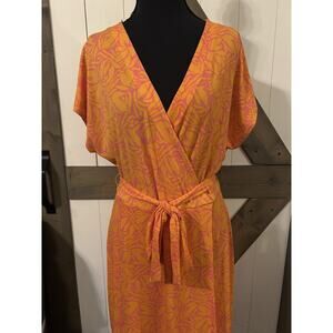 Nine West Orange & Pink Tropical Floral Print Wrap Dress Size Large